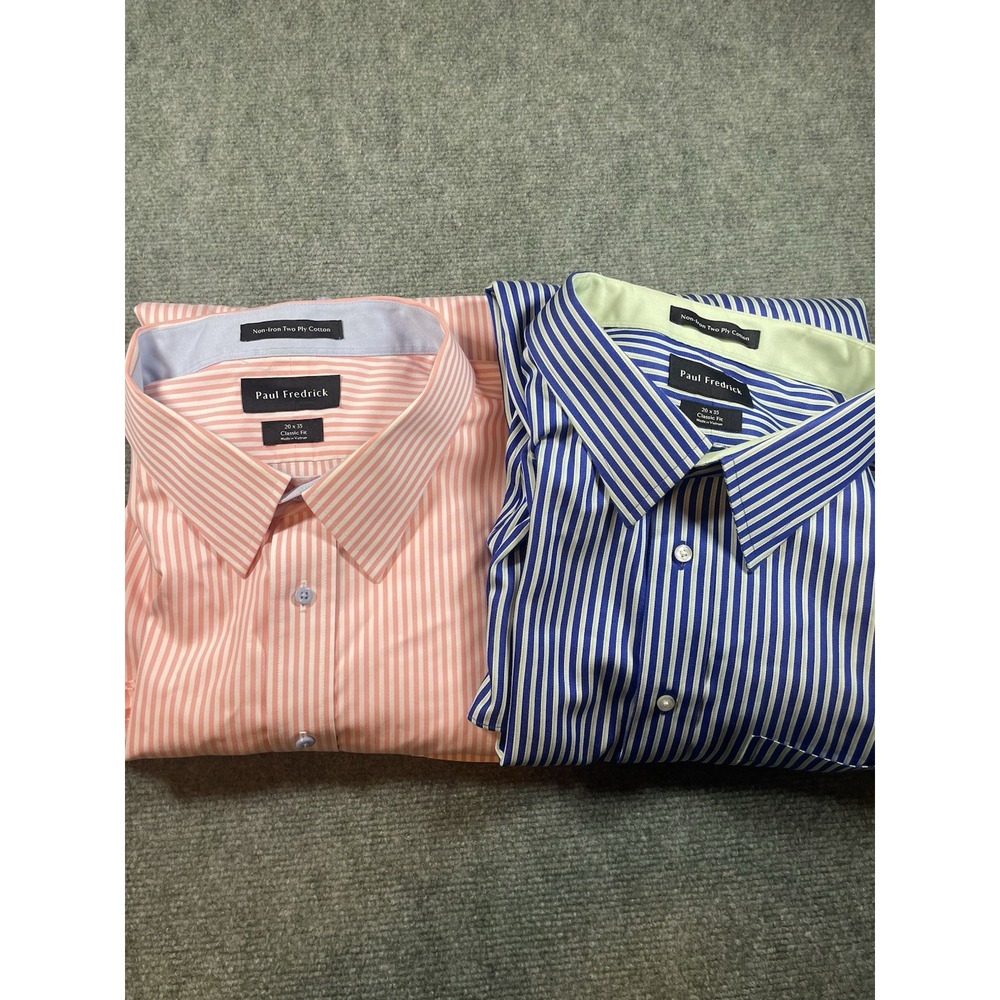 2 Paul Fredrick Dress Shirts Mens Size 3X 20x35 Big & Tall Stripes Long Sleeves